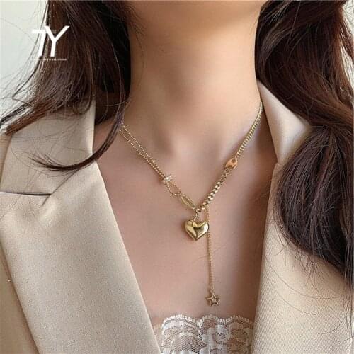 French Retro Temperament Peach Heart Star Gold Necklace For Woman 2021 Korean Fashion Jewelry Party Girls Sexy Clavicle Chain