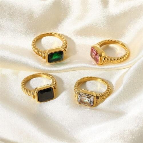 HelloLook Size #7 Green Pink Zircon Ring Croissant Twisted Spiral Rings Stainless Steel Engagement Ring for Women Accessories