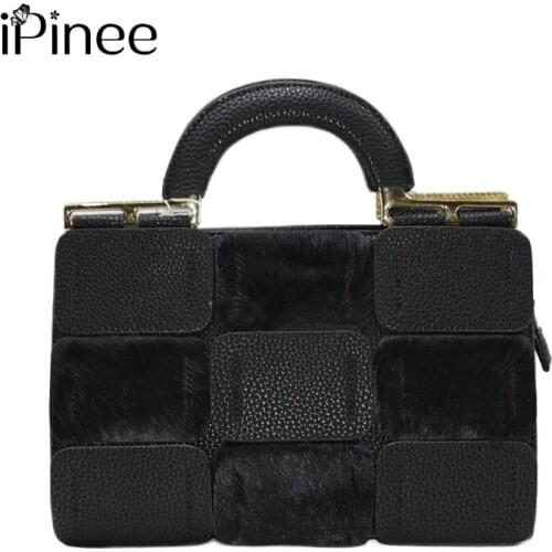 IPinee Female Natural Horse Hair Patchwork Handbag Lady Winter Fashion Shoulder Bags Black Messenger Bag
