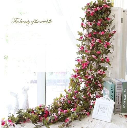 High Quality 2.3m Roses Artificial Flowers With Green Leaves Hanging Garland Silk Flowers For Wedding Home Decoration Wholesale