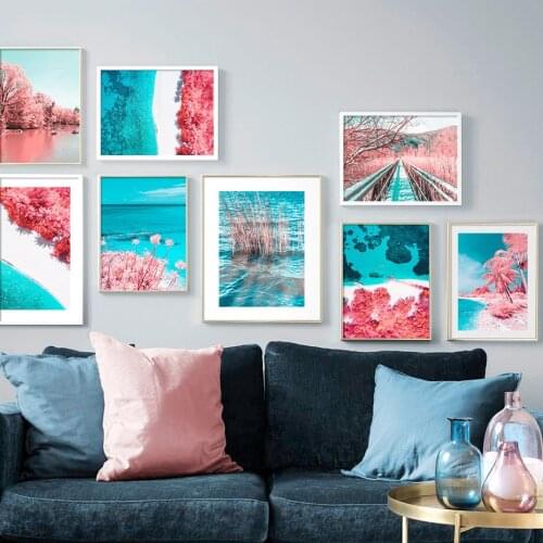 Pink Forest Flower Beach Sea Wall Art Canvas Painting Nordic Posters And Prints Landscape Wall Pictures For Living Room Decor