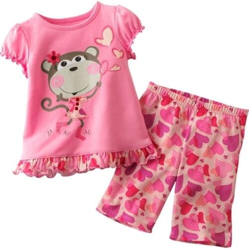 Summer Girls Clothes Suit Pink Monkey Outfits Children Blouse Pants 2-Pieces Set Baby Girl Pajamas T-Shirt Tops Trouser Cotton