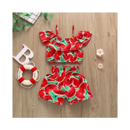 1-6 Year Old Toddler Baby Girl Clothes Watermelon Sunflower Print Ruffle Drop Shoulder Strap Top Shorts 2-Piece Summer Set