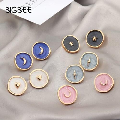 Korean Alloy Cute Drop Oil Love Moon Star Lightning Stud Earring For Women Round Enamel Earrings Fine Ear Cuff Set Jewelry Rings