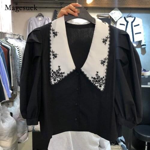 Summer Plus Size Korean Women Tops Floral Embroidery 2021 Woman Blouses Sweet Puff Half Sleeve Loose Short Shirt Blusas 14172