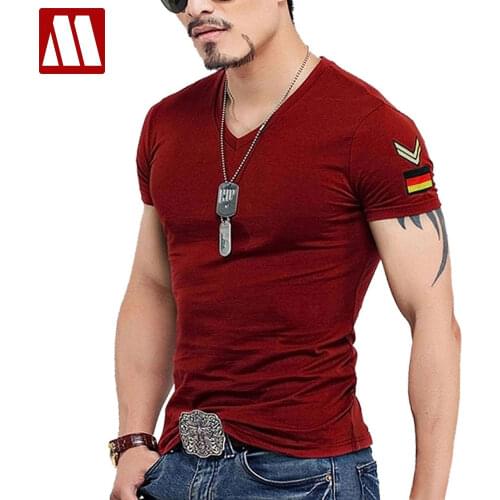 Summer Casual Slim Fit V Neck T Shirts for Men Armband Mens T-shirt Cotton Tshirt Clothing Short Sleeve Army Green Plus Size