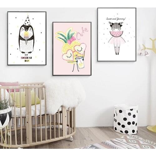 Cartoon Girl Pineapple Wall Art Canvas Funny Posters and Prints Minimalist Painting Nursery Picture Children Bedroom Decoation