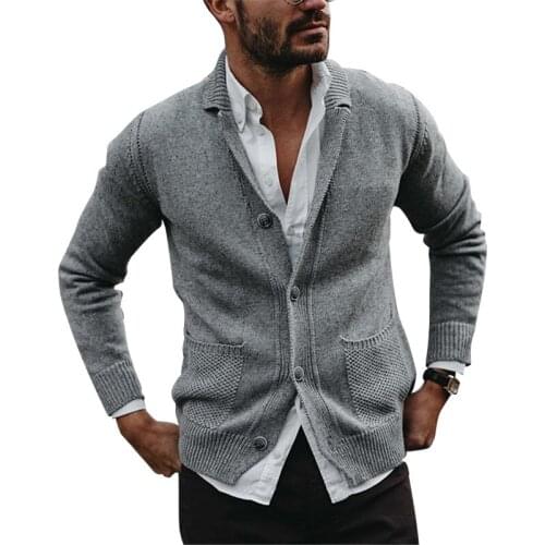 2021 Autumn Men Turn-down Collar Cardigan Pocket Comfortable Warm Long Sleeve Coat Knitted Casual Male Sweater Pull