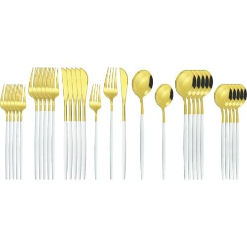 30Pcs White Gold Cutlery Set Stainless Steel Dinnerware Set Knife Fork Spoons Tableware Set Home Kitchen Flatware Silverware Set