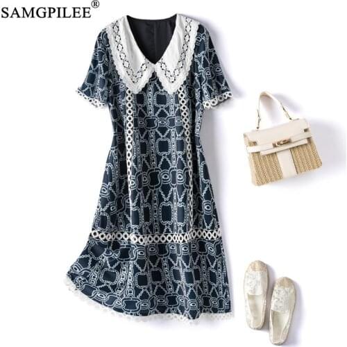Summer New 2021 Women Dresses Fashion Crochet Hollow Peter Pan Collar Retro A-line Short Sleeve Thin Knee Length Dress Woman