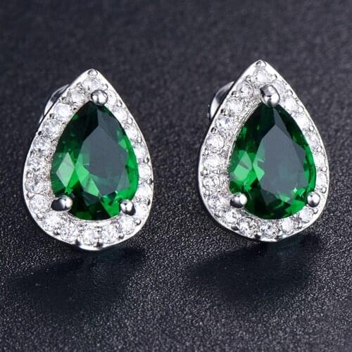 Green Stone Heart Earrings White Gold Filled Luxury Sparkling Womens Stud Earrings Gift