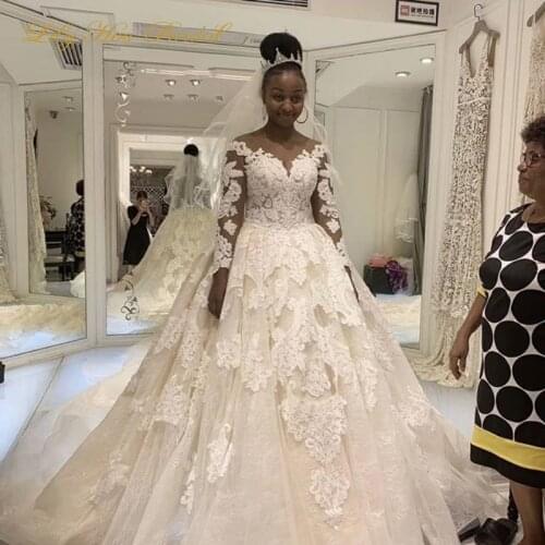 Luxury Long Sleeve Wedding Gowns Sheer Neck Beaded Lace Appliques Illusion Back Bridal Gowns vestidos de noiva 2020