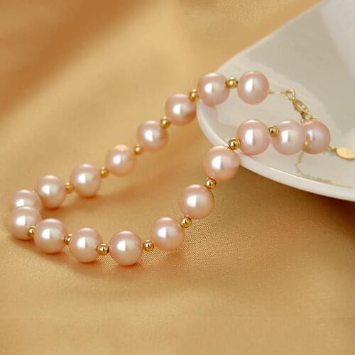 SA SILVERAGE Engagement Bracelet Round Pearl Women 18K Gold with Pearl Golden Balls Single Row Bracelet AU750