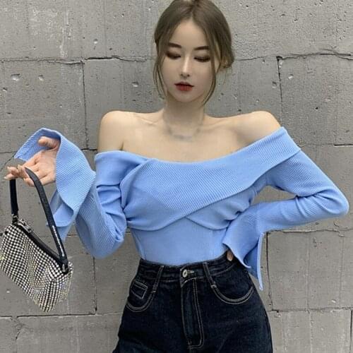 Sexy Slash Neck Basic Casual T-shirt Sexy Women Tee Shirt Autumn Long Sleeve Crop Tops