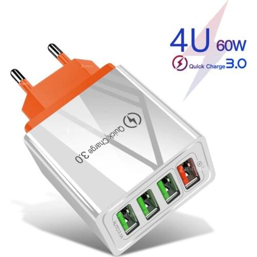 60W Quick Charge 3.0 USB Phone Charger Wall 4 Port QC3.0 Fast Charging Adapter For iPhone X Samsung s9 A50 Xiaomi EU US Charger