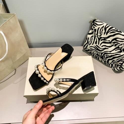 Kmeioo summer fashion pearl sandals slides slop-on chunky heels slippers outside open toe block heel shoes for women