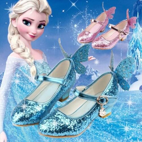 Disney Frozen new elsa princess shoes spring and autumn pink blue childrens single shoes girls high heels
