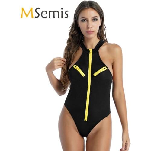 Womens Ladies Clubwear High Cut Bodysuit Swimsuit One-piece Zipper Front Sleeveless Sunbathing Swimwear Bathing Suit Clothes
