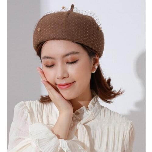 Winter Beret Hats For Women Beanies Cap 100% Wool Felt Hat Classic French Mesh Berets Femme Fedora Lady Fascinator Fedoras Boina
