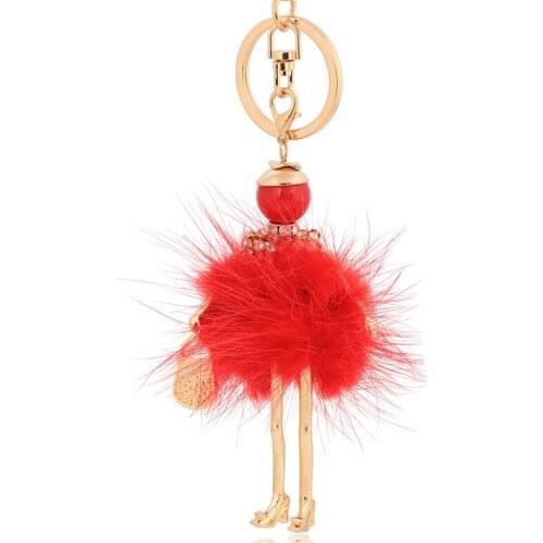 Women fashion fur keychain hot sale red key chain holder tassel key ring bag accessories