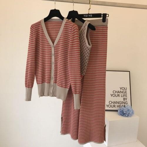 Knitted Three Piece Women Pants Sets 2021 Autumn Winter Casual Outfits Plaid Cardigan with Vest and Side Split Wide Leg Pants