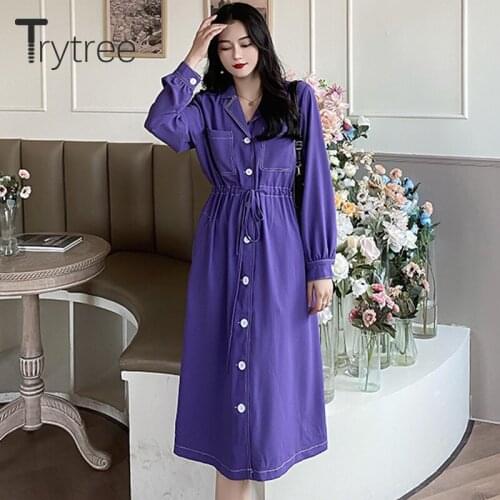 Trytree 2021 Spring Summer Womens Dress Casual Notched Collar Pockets Drawstring Single Breasted Mid-Calf Office Lady Dress