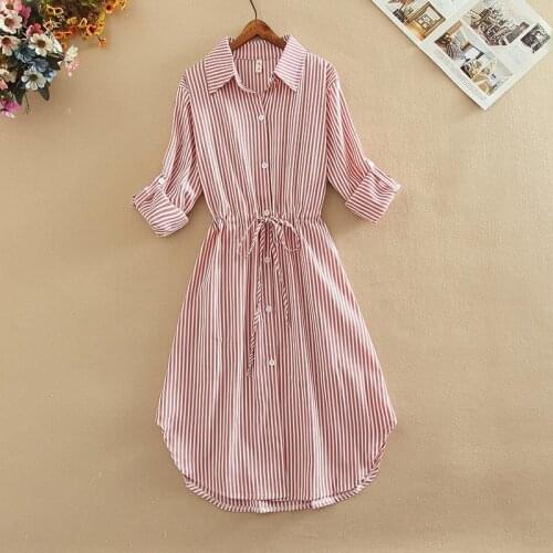 2021 Summer Spring Thin Office Shirt Dresses Vintage Striped Long Sleeve Midi Vestidos Lady Fashion Elegant Shirt Dresses Q515