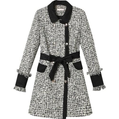 Autumn Winter Celebrity Elegant Knitted Dresses Long Sleeve Plaid Tweed Woolen Tops Women Outerwear High Quality Manteau Femme