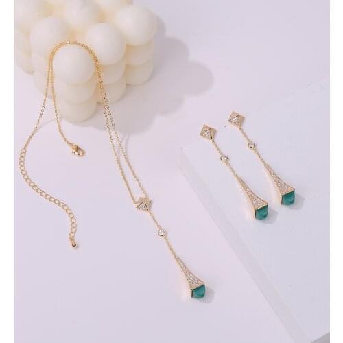 2021 Romatic Womens Fashion 2 Pcs Necklace & Earrings Set Caolorful stone Design Gold Necklace Dubai Bridal Jewelry Set
