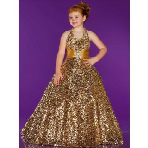 Free shipping gold flower girl dresses for weddings 2016 first communion dress little girl christmas pageant dresses for girls