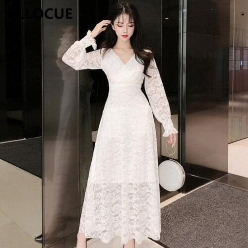 BLLOCUE High Quality New Fashion 2020 Runway Dress Spring Womens Long Sleeve Sexy V-neck Open Back Slim Lace Dress