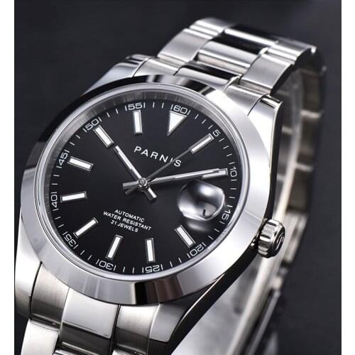Parnis Black Dial Mens Watches Calendar Miyota 8215 Movement 21 Jewels Automatic Mechanical Stainless Steel Men Watch