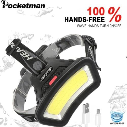 200m Long Lighting Distance Power USB Head Lamp Wide Angle COB LED Headlight Use 2x18650 Battery USB rechargeable Lantern Hiking