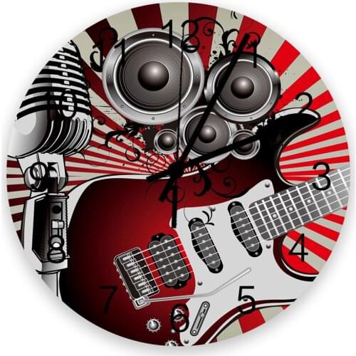 Guitar Microphone Notes Horn Retro 30cm Wooden Wall Clock Modern Design For Home Living Room Office Kitchen Wall Decor Hanging