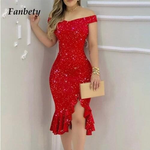 Elegant Solid Color Off Shoulder Ruffle Dress Women 2021 Summer Sexy Backless Party Dress Ladies Slim Bright Shiny Glitter Dress