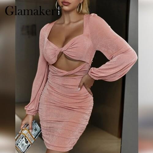 Glamaker Christmas party bodycon mini dress Hollow out sexy dinner long sleeve slim fold luxurious dresses Club elegant dress