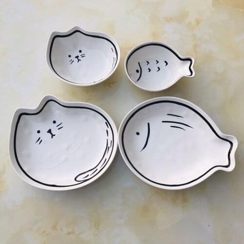 Cartoon Platos Animal Bowl Ceramic Tableware Household Fruit тарелки для еды Nordic Simple Plate Kitten Dinner тарелка