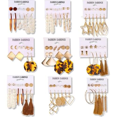 1Set Womens Earrings Set Pearl Earrings For Women Bohemian Fashion Jewelry Geometric Crystal Heart Stud Earrings