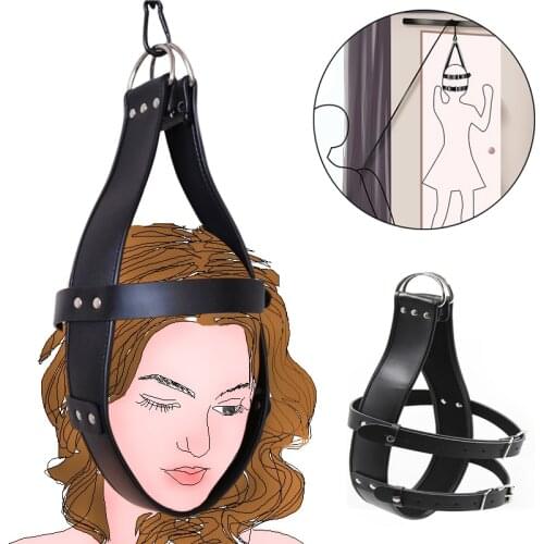 BDSM Bondage Leather Head Suspension Harness Mask,Fetish Hanger Ring Hood SM Adult Game Slave Restraint Headgear,Couple Sex Toys