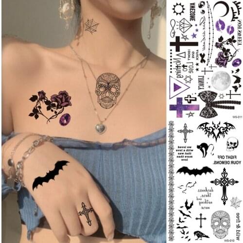 Halloween Small Tattoo Sticker Cross Skull Skeleton Hand For Men Women Pumpkin Ghost Skull Darkness Temporary Tattoos Watercolor