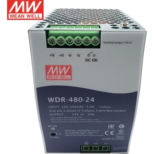 MEAN WELL WDR-480-24 480W 24V Wide Input Industrial DIN Rail Power Supply 180-550V AC to 24V DC 20A Power Unit PSU Transformer