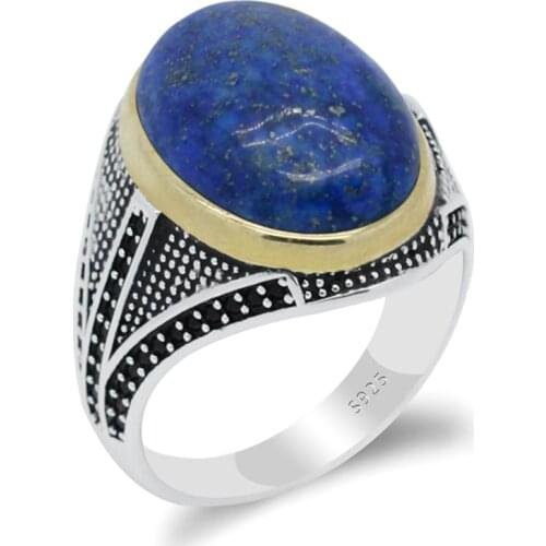 Pure 925 Silver Male Ring Blue Natural Lapis Stone Exquisite Handcrafted Finger Rings Fashion Wedding/Engagement Gift Fine Jewe
