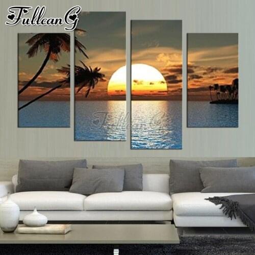 FULLCANG Sunrise sea landscape 4 piece diy diamond painting full square round drill 5d mosaic embroidery sale home decor FC3488