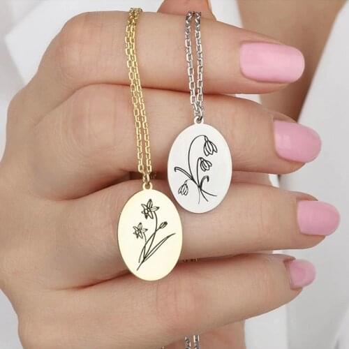 Necklace for Women Girl Chain On The Neck Oval Gold Silver Color Stainless Steel Choker Birth 12 Month Flower Pendant Jewelry
