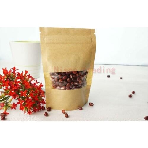 100pcs/lot zipper bags, 16*22cm stand up Kraft paper ziplock bag with transparent window - resealable coffee bean zip doypack