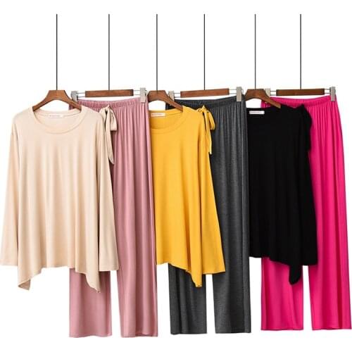 2019 Spring And Fall Pajamas Set Solid Color Women Comfort Loose Sleepwear 2Pcs Set Long Sleeve+Pants Round Neck Homewear Set