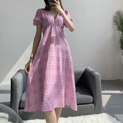 Dress Vestido De Mujer Kobieta Sukienka Woman Spring Summer Sexy Plaid Pink Largos Verano Jurk Puff Sleeve Midi Robe Longue Boho