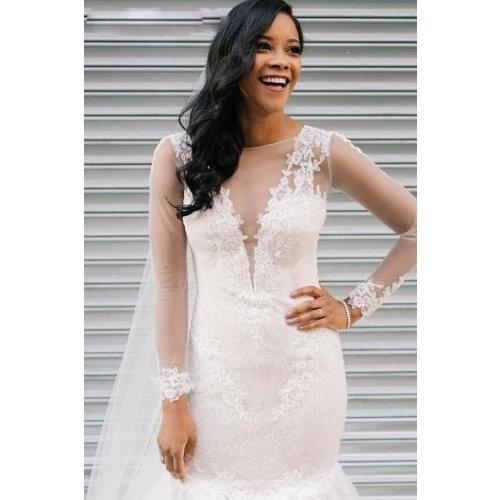 Modest Crystal African Mermaid Wedding Dresses Long Sleeve Wedding Gowns Sheer Illusion Lace Bridal Dress Handmade