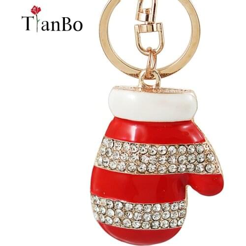 Christmas Winter Glove Pendant Keyrings Fashion Gold Tone Crystal Rhinestone Enamel Jewelry Car Keychain Handbag Decoration