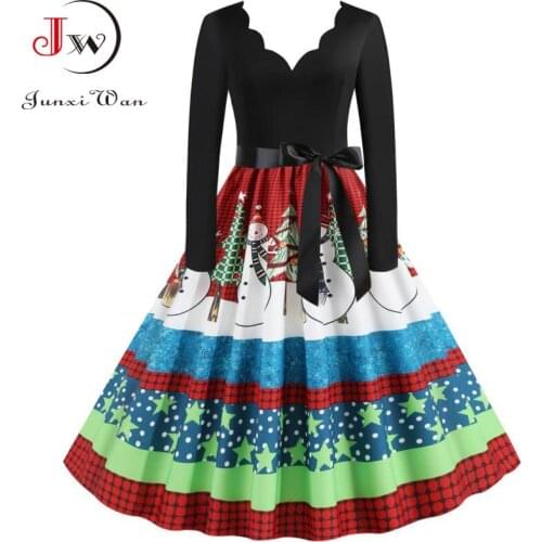 Christmas Dress Women Print Elegant Vintage High Waist V Neck Long Sleeve Winter Dress Plus Size Xmas Party Sundress S~3XL